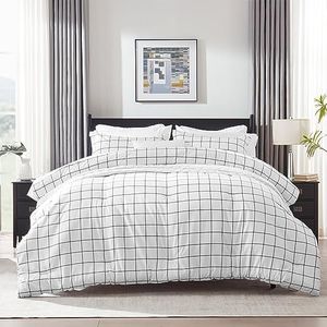 SLEEP ZONE 7 Pieces Geometric Plaid Pattern Printed Soft Microfiber Bedding Sets, All Season Soft Comforter with Pillowcases, Pilllow Shams, Fitted Sheet, Flat Sheet (Grey Grid White, King)