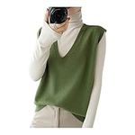 Women Solid Sweater Vests Sleeveless Jumper V Neck Knitted Jumper Tank Top Casual Gilets Green