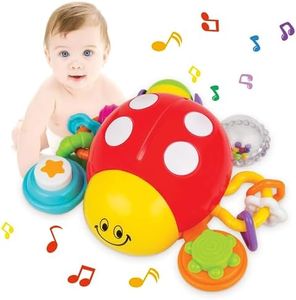 Ladybug Crawling Toy with Fun Sounds, Sliding Rings, Spinning Ball, and Colorful Beads - Develops Cognitive and Motor Skills for 6-12 and 18 Months Old Babies