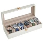 SONGMICS Watch Box with 6 Slots, Watch Case with Glass Lid, Watch Display Box with Removable Watch Pillows, Metal Clasp, Gift Idea, Cloud White Synthetic Leather, Cappuccino Beige Lining JWB006W01