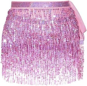 WULIQIUQIU Women's Belly Dance Hip Scarf Sequined Fringe Dance Skirt Rave Music Festival Costumes for Girls Pink