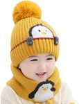 Toddler Winter Knit Beanie Hat Scraf Set, Cute Cartoon Penguin Soft Warm Infant Hat with Pompom for Baby Boys Girls 1-3 Years, Yellow, 1-3 Years