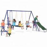 Outsunny 5 in 1 Metal Swing Set with Saucer Swing, Slide, Seesaw, Glider, Swing Seat, Ladder, Kids Swing Set for Backyard, Outdoor, Playground, Multicoloured