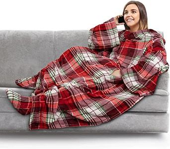 PAVILIA Fleece Blanket with Sleeves, Foot Pockets for Women Men Adults, Plush Wearable Blanket Throw Wrap, Warm Snuggle Blanket Robe, Cozy Gift Ideas Wife Mom Christmas Plaid