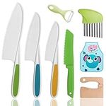 Vaktop 8PCS Kids Kitchen Knife Set Toddler Knife for Chopping, Plastic Children's Cooking Knives Serrated Edges with Potato Slicer, Peeler and Kids Apron for Fruit, Vegetables, Bread, Salad Knives