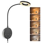Wall Mounted Reading Light,NoeiiT Book Lights with 5 Dimming,Bedside Headboard Lights Flexible Gooseneck,USB Output,Night Light & Timers Function(5/30 min), 3000K-6500K Upgrade LED Bed Lamp Black