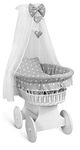 Wicker Wheel Stand Moses Basket Baby Bassinet Crib with Full Cotton Bedding Sets Liner Cover Mattress Canopy - White/Small White Stars On Grey