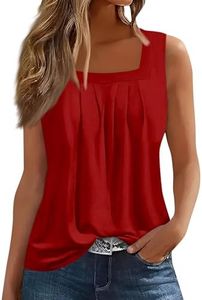 Womens Tops 2025 Ruffled Square Collar Tank Plus Size Floral Print Tee Summer Casual Loose Sleeveless Shirt Trendy Tunic Pleated Fit Baggy Comfy Blouse Red XL