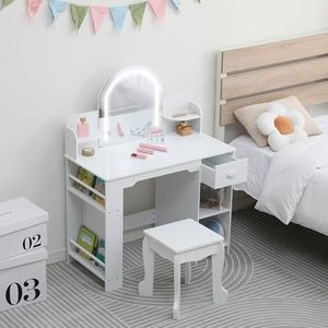GarveeHome Kids Vanity with Lighted Mirror, 2 in 1 Little Girls Vanity Table & Stool, Kids Makeup with Bookshelf, Drawer & Open Shelves for 3-9 Yrs Girls, White