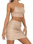 Evild 2 Pieces Ruched Mini Dress Rhinestone Strap Sexy Tank Top Glitter Bodycon Dress Cami Dress Party Outfit Skirt Clubwear for Women (L, Pink)