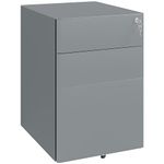 Vinsetto Lockable File Cabinet with 3 Drawers, Steel Rolling Filing Cabinet with 5 Wheels and Pencil Case, Vertical Office Drawer for A4, Letter, Legal Size, Pre-Assembled Body, Grey