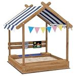 Outsunny Outdoor Kids Sandbox with Cover, Liner, Blackboard, Toys, Seat, Flags, House Design, Kids Playset for 3-7 Years Old, Backyard, Brown