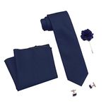 RIZORO Mens Plaid Micro Self Silk Necktie Gift Set With Pocket Square Cufflinks & Brooch Pin Formal Tie With Leatherite Box (SIDIRX Free Size) (DARK BLUE)