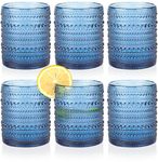 KMIGRUAN Hobnail Drinking Glasses Set of 6,12oz Blue Vintage Glassware,Cocktail Glasses,Embossed Glass Cups,Water Tumbler for Whiskey, Juice and Various Mixed Drinks