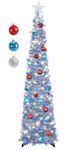 SINTENILL 5 FT Pop Up Christmas Tree with Timer Lights and Decorations, Silver Tinsel Christmas Tree with 24 Ball Ornaments, Collapsible Artificial Pencil Christmas Tree for Home, Apartment, Party