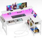 Seventable L Shaped Computer Desk with Drawers, 47 inch Office Desk with Power Outlets & LED Lights, Reversible Gaming Desk with Storage Shelves, Corner Desk with Monitor Stand for Home Office, White