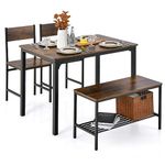 TANGZON Dining Table and 2 Chairs with Bench, 4 Piece Metal Frame Kitchen Table and Chairs Set with Storage Rack, Wooden Dining Room Sets Furniture for Home Living Room Restaurant (Rustic Brown)