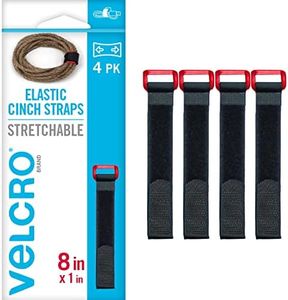 VELCRO Brand VEL-30791-AMS Elastic Cinch Straps with Buckle | 8in x 1in, Pk of 4 | Fully Adjustable and Stretch for Snug Fit | for Fastening Power Cords, Ropes, Organizing Cables, More | Black