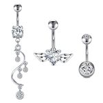 3pcs Belly Button Rings Silver 10mm Navel Bars with Dangle Crystal Heart Surgical Steel Piercing Jewellery