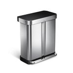 simplehuman 58L (34/24) Rectangular Recycling Double Kitchen Pedal Bin with Liner Pocket, Silent Soft Close Lid, Strong Wide Pedal, Dent-proof Lid, Brushed Stainless Steel with Black Plastic Lid