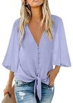 GRASWE Lady's V Neck Solid Color Shirt Tie Knot Front Tops 3/4 Bell Sleeve Summer Chiffon Button Blouse Light Purple XL