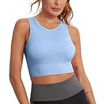 Padded Sports Bras for Women High Impact Sexy Tank Cutout Color Block Trendy Sporty Crop Solid Color Sleeveless Longline Solid High Neck Mesh Running for Large Bust Tank Top Gym Yoga Blue