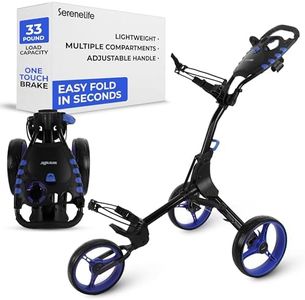 SereneLife 3-Wheel Foldable Golf Push Cart with Adjustable Handle, Deluxe Scorecard Holder, Cup and Umbrella Mount, Cooler Storage, Lightweight Aluminum Frame, Quick Folding Compact Golf Trolley