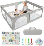 Baby Playpen with Mat,180 x 150 cm Playpen for Baby and Toddlers with 50 Ball Pit, 4X Handles, Zippered Door, Basket Net, and Breathable Mesh - Extra Large Kids Play Pen with Storage Bag