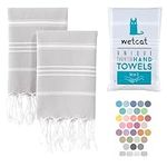 WETCAT Turkish Hand Towels with Hanging Loop (20 x 30) - Set of 2, 100% Cotton, Soft - Pre Washed Boho Farmhouse Kitchen Towels - Unique Decorative Hand Towels for Bathroom (Light Grey)