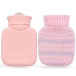 320ml Hot Water Bottle with Knited Cover, Mini Hot Water Bag for Pain Relief, Waist, Back, Neck, Shoulders, Small Leak Proof Hot Water Bottle with Removable Cover for Women, Kids, Best Gifts (Pink)