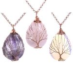 Top Plaza Wire Wrapped Tree of Life Natural Gemstone Teardrop Pendant Necklace Healing Crystal Chakra Jewelry for Women - Amethyst+Rose Quartz+Synthetic Opalite