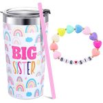 Maxcheck 2 Pcs Big Sister Gift 12 oz Sister Mug Big Pink Sister Cup Stainless Steel Vacuum Insulated Tumbler with Lid and Straw Big Sister Bracelet Big Sister Announcement Jewelry for Little Girls