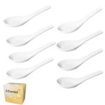 Albedel 8 pcs Asia Porcelain Soup Spoon Ceramic Rice Spoons Chinese Won Ton Spoons for Home Kitchen Restaurant White