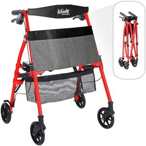 Stander Wonder Rollator Plus Short, Lightweight Junior Folding Mobility Aid for Petite Adults, Seniors, and Elderly, Collapsible Travel Rolling Walker with Four Wheels and Seat, Sport Red