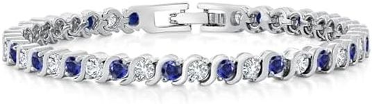 Gem Stone King 4.50 cttw Stunning Round White Cubic Zirconia and Simulated Blue Sapphire Tennis S-Style Bracelet 7inches Long