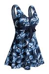 ECUPPER Womens One Piece Swim Dress Plus Size Bathing Suit Swimming Costume Dress with Boy Shorts Blue Feather L