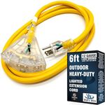 6 ft - 12 Gauge Heavy Duty Extension Cord - 3 Outlet Lighted SJTW - Indoor/Outdoor Extension Cord by Watt's Wire - 6' 12-Gauge Grounded 15 Amp Extension Cord Splitter