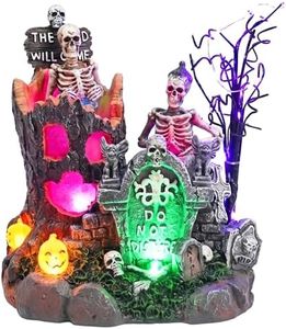 Valery Madelyn Halloween Decorations, Lighted Halloween Village with Music and LED Lights, Resin Spooky Tree and Skeleton Gravestones Scene Haunted House for Home and Party Table Desk Mantel, 8 Inch