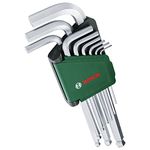 Bosch 9-Piece Hex Key Set (Multi-Tasking Hex Keys Made of S2 Steel; 1.5-10mm; Long Arm; Ball-End 30-Degree Offset; Rust-Protected, Storage Clip)