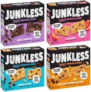 Junkless Chewy Granola Bar 4-Flavor Variety Pack - Chocolate Chip, Double Chocolate, Peanut Butter Chocolate Chip & Real Strawbery - Less Sugar, Great Tasting- Bulk Granola Bars - 1.1 oz. Bars, 4 Boxes