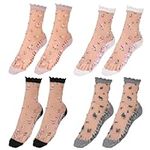 KALIONE 4 Pairs Women's Sheer Mesh Lace Ankle Socks Floral Flower See Through Socks Thin Summer Fancy Mesh Socks for Girls Women