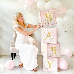 Kate Aspen Baby Boxes with Letters for Baby Shower Decorations Photo Prop Pink Elephant & Nursery Décor (Set of 4 Spells Baby)