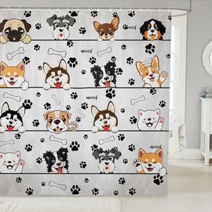 Castle Fairy Black Paw Bone Print White Fabric Shower Curtain,Cartoon Puppy Pet Animals Shower Curtain for Bathroom,Cute Dog Waterproof Shower Curtain 78 Inch Long