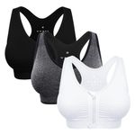 Women's Zip Front Sports Bra Wireless Post-Surgery Bra Active Yoga Sports Bras, 3 Pack(black+white+grey), X-Large