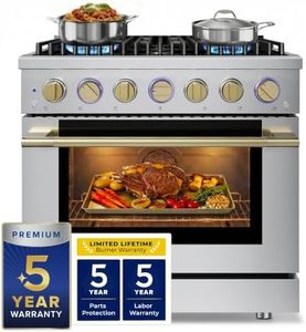 Hauslane 36" Dual Fuel Range Stainless Steel, 6 Burners up to 20,000 BTU 5.2 cu. ft., Convection Oven with 5 Rack Positions, 5-Year Warranty, Convertible NG/LP Cool-Touch Triple-Layer Door Stain Brass