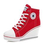 Padgene Women's Canvas Wedge Trainers Ladies Lace Up Side Zip High Top Ankle Boots Sneaker Pump Sport Shoes 7.5 UK Red