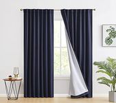 BFAM Store Thermal Insulated 100% Blackout Curtains for Bedroom with White Liner, Double Layer Full Room Darkening Noise Reducing Curtain (Navy Blue, 9 FT Long)