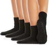 LA Active Fuzzy Socks - 4 Pairs - Non-Skid Anti-Slip Grip for Home & Hospital (Midnight Black, S/M)