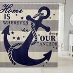 Nautical Anchor Shower Curtain Grey Beige Stripe Cartoon Anchors Chains Creative Navigation Sea Theme Cute Bath Curtain Decor Blue Waterproof Polyester Bathroom Curtains With 12 Hooks,72x72 Inches