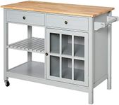 HOMCOM Rolling Kitchen Island, Kitchen Cart on Wheels with Rubber Wood Top, Towel Rack, Cabinets, Drawers for Dining Room, Grey